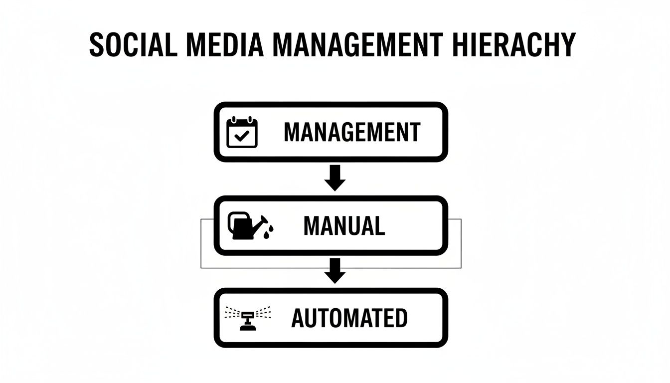 A social media management hierarchy diagram showing levels of management, manual tasks, and automated processes.