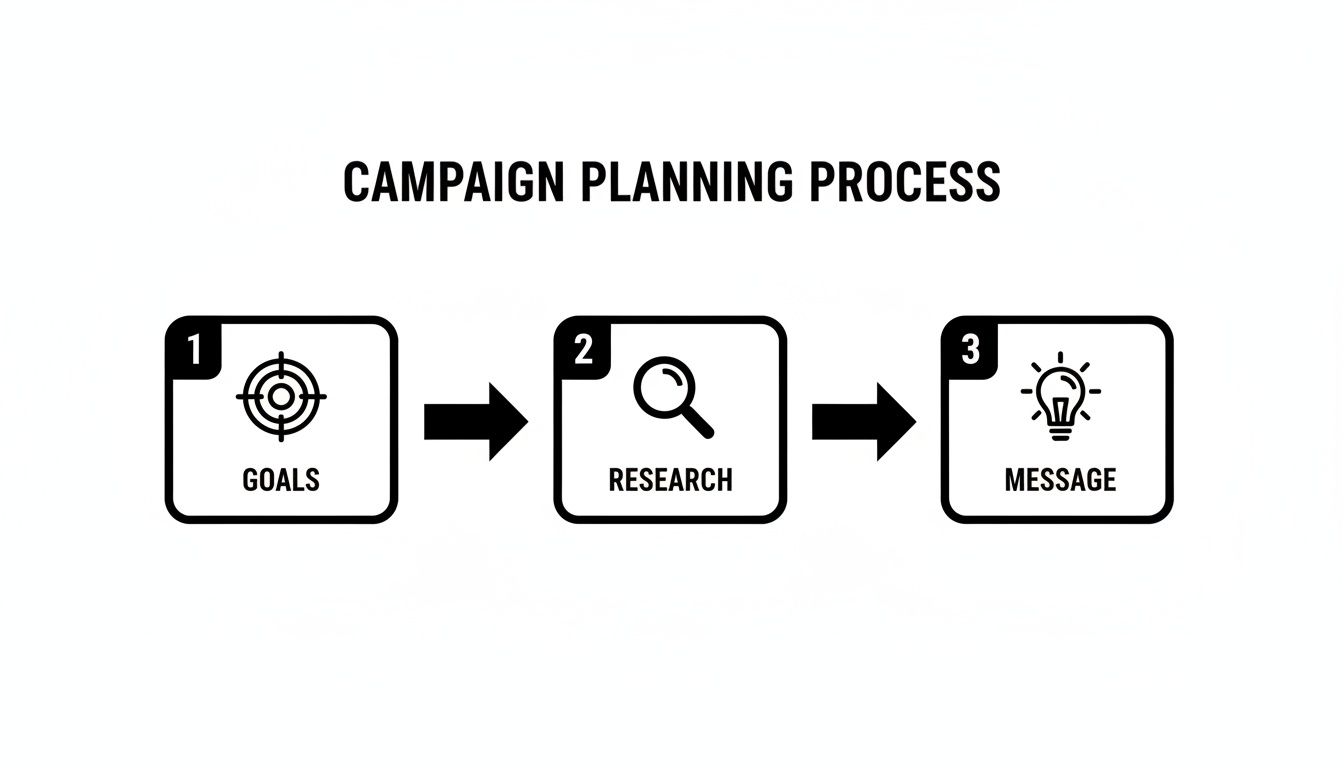 Diagram showing a three-step campaign planning process: goals, research, and message creation.