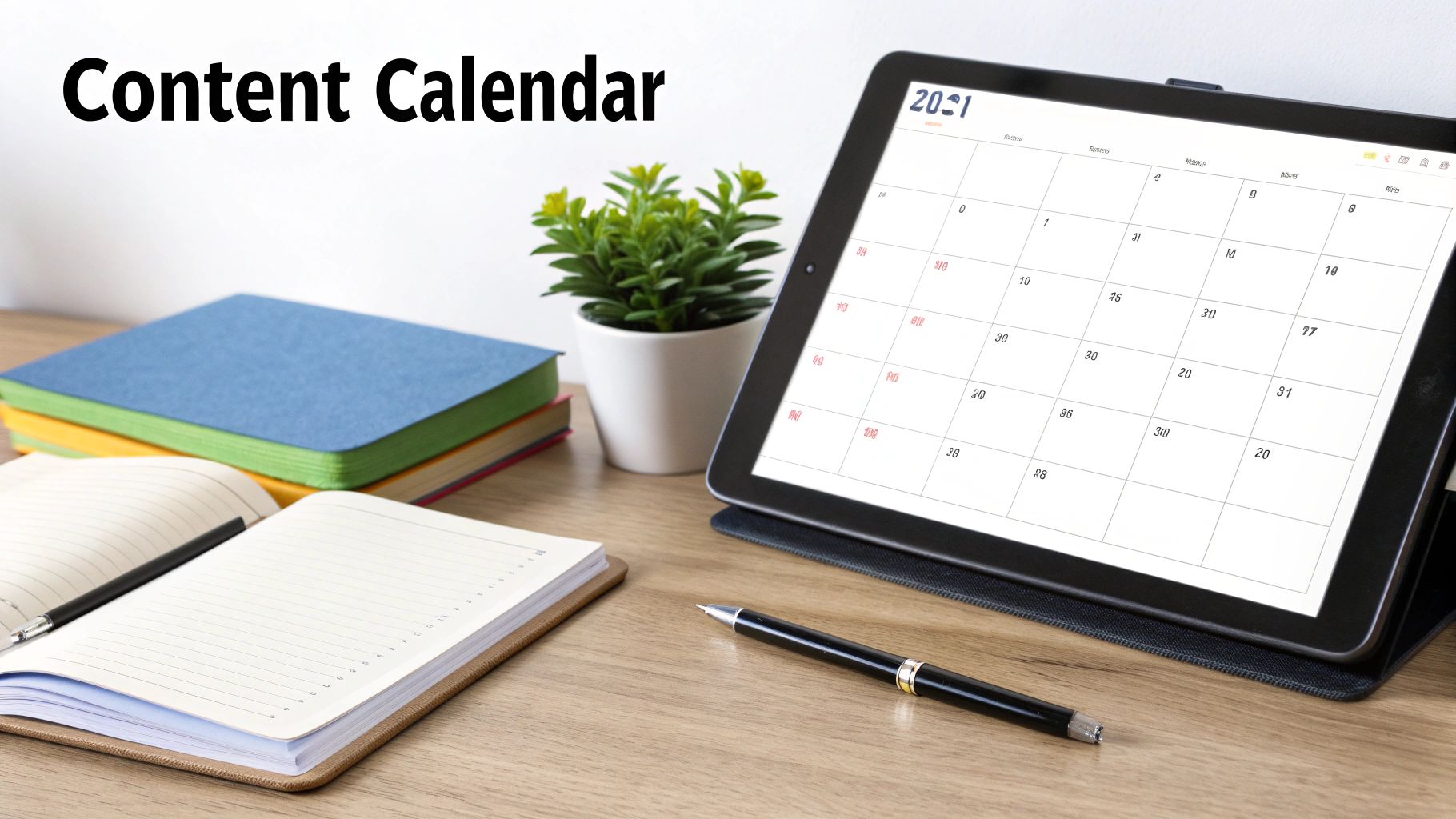 Content calendar displayed on a tablet with notebooks, a pen, and a plant on a wooden desk.