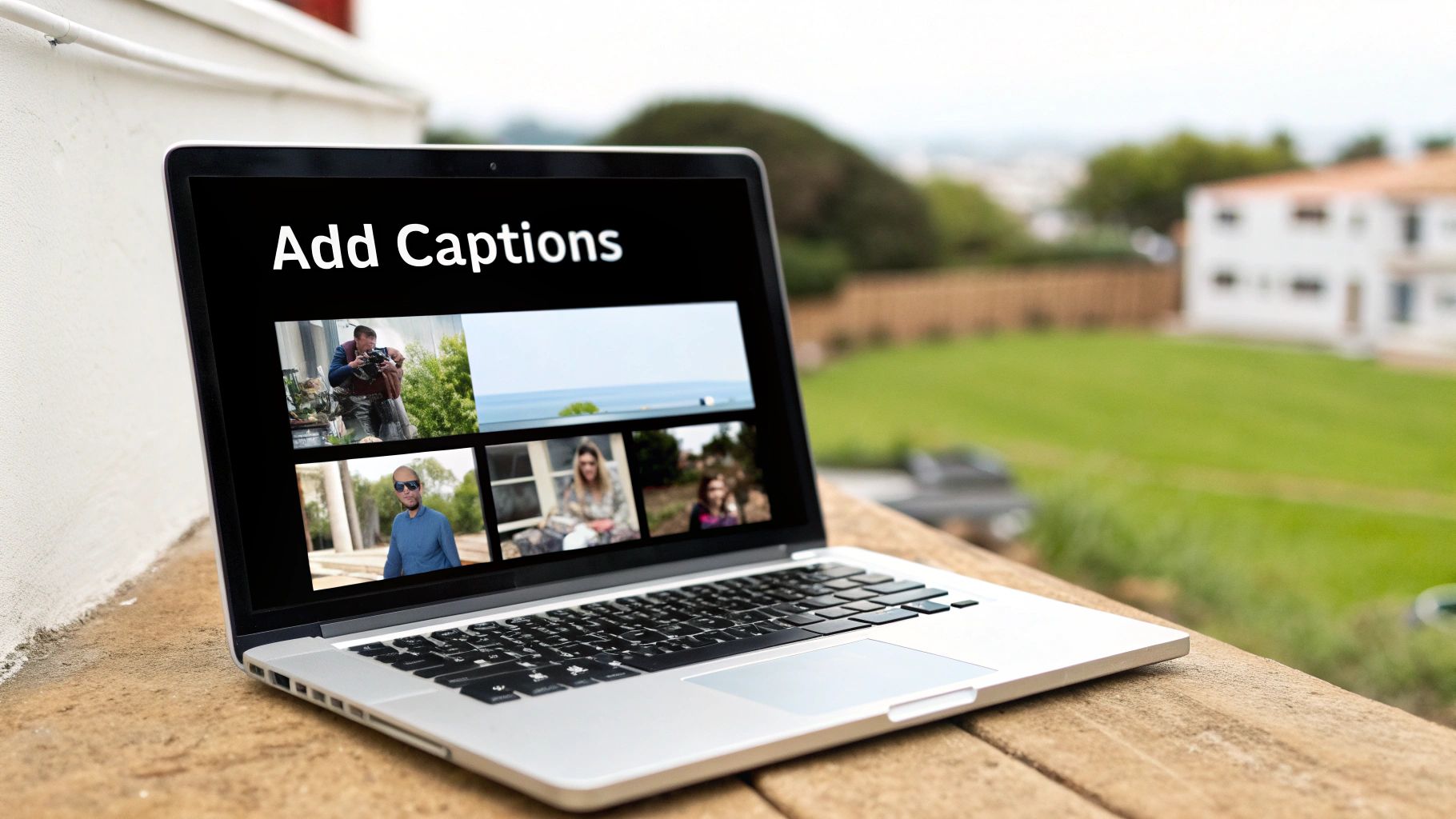 A laptop on a wooden surface displaying 'Add Captions' on its screen with multiple video thumbnails.