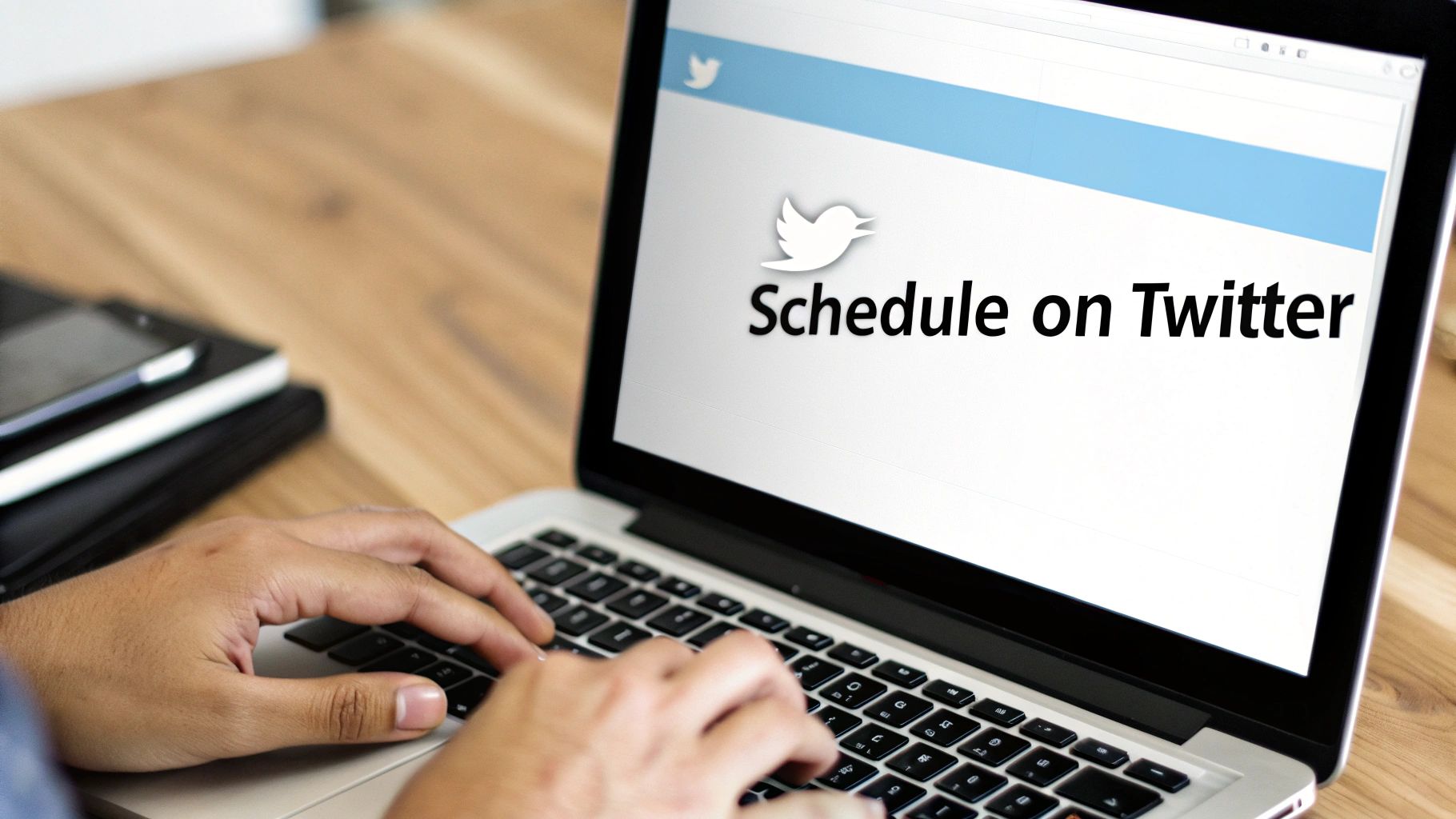 A person's hands are typing on a laptop displaying 'Schedule on Twitter' with the Twitter logo.