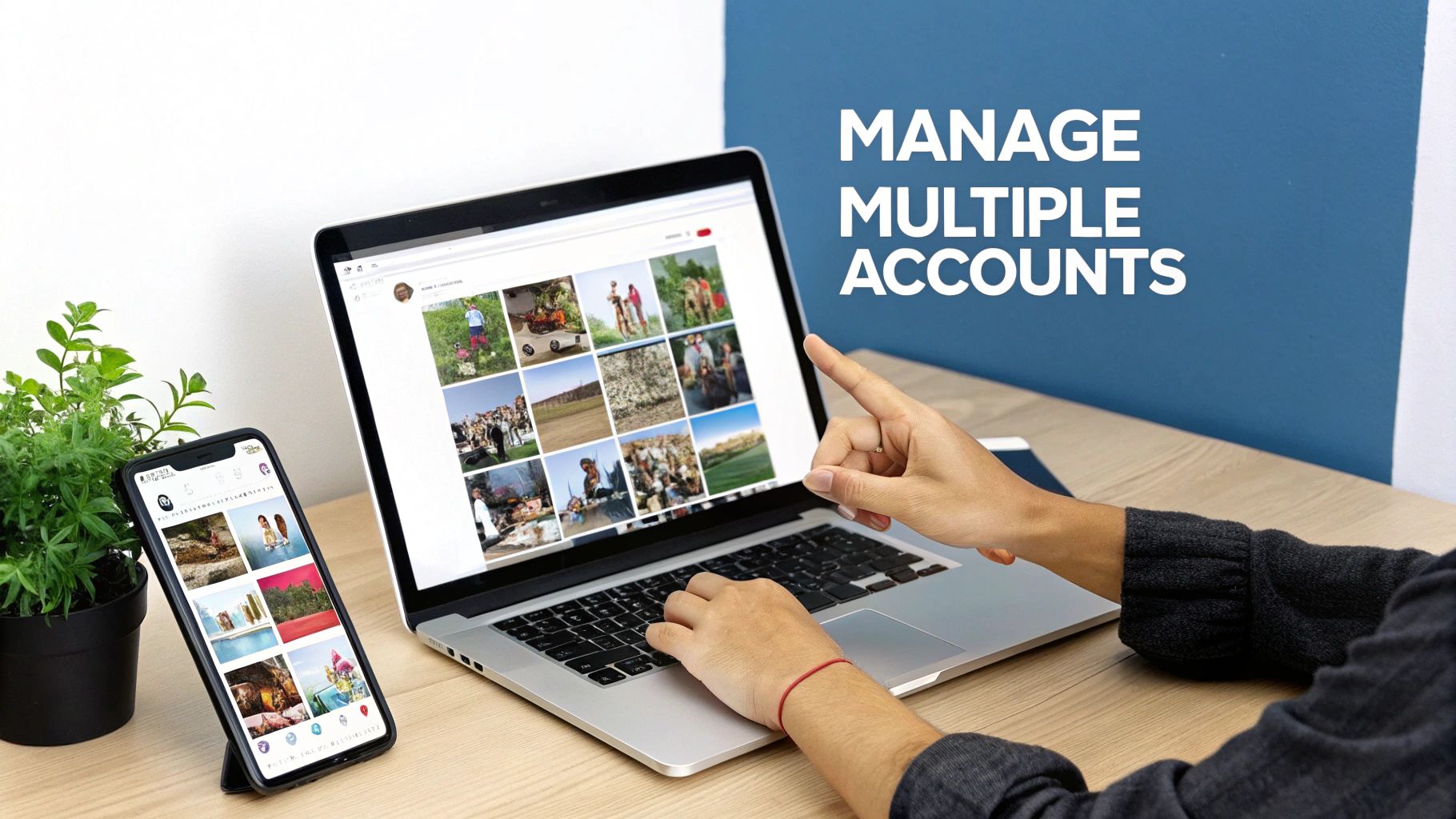Person using a laptop and smartphone to manage multiple online photo accounts.