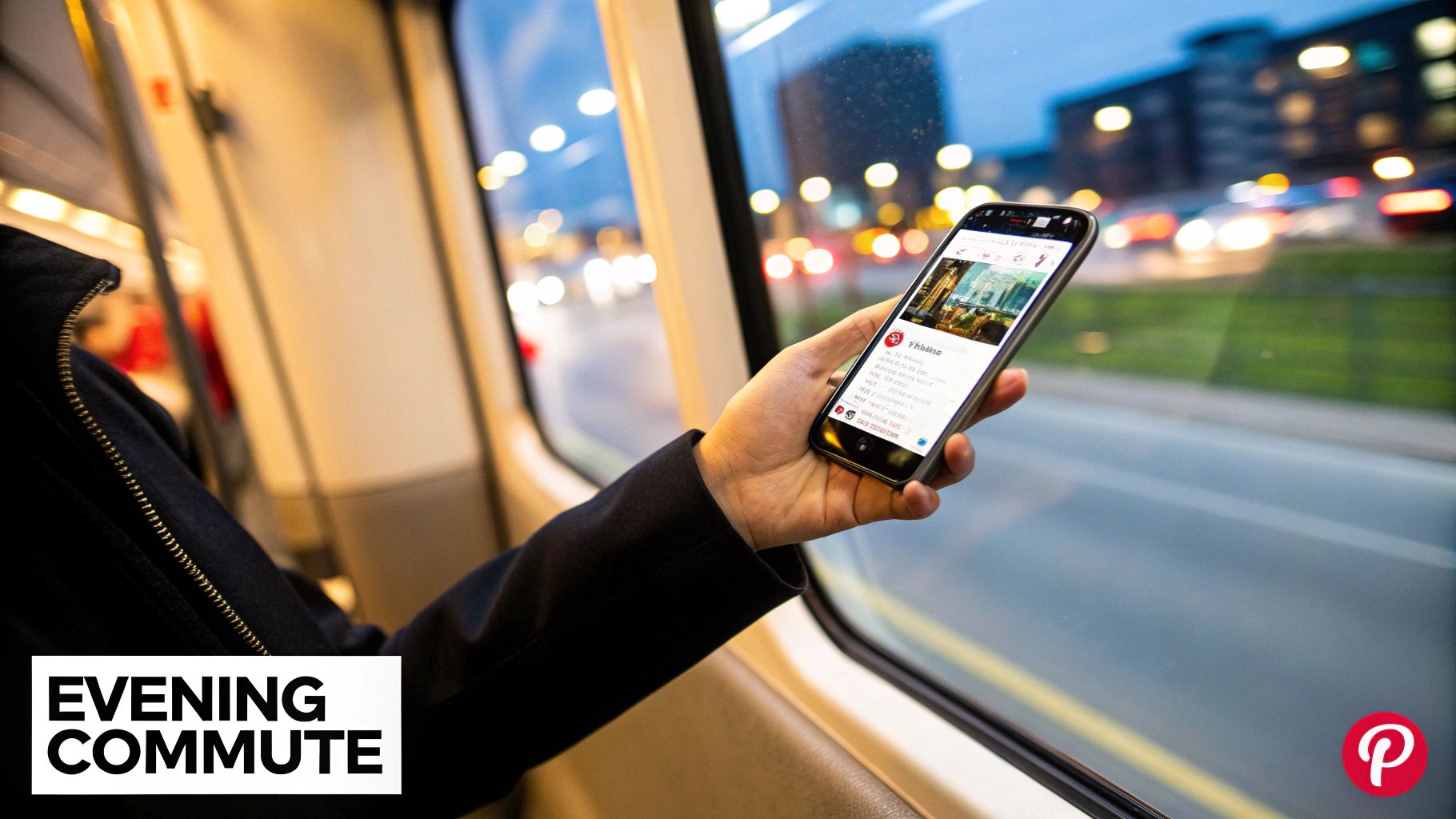 A person on an evening commute views Pinterest on a smartphone, with blurred city lights outside.