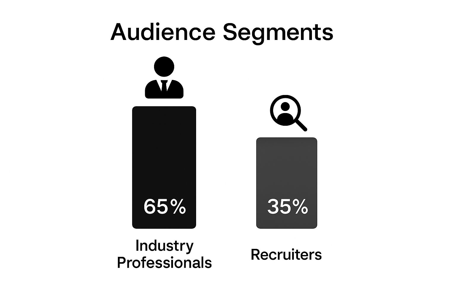 Infographic showing the audience breakdown for a LinkedIn content strategy, with 63% being peers and colleagues and 27% being recruiters and hiring managers.