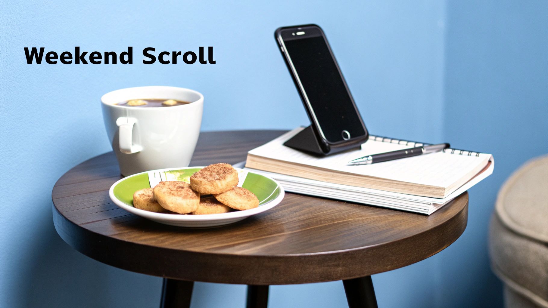 Weekend scroll setup: coffee, cookies, phone, and notebook on a wooden side table.