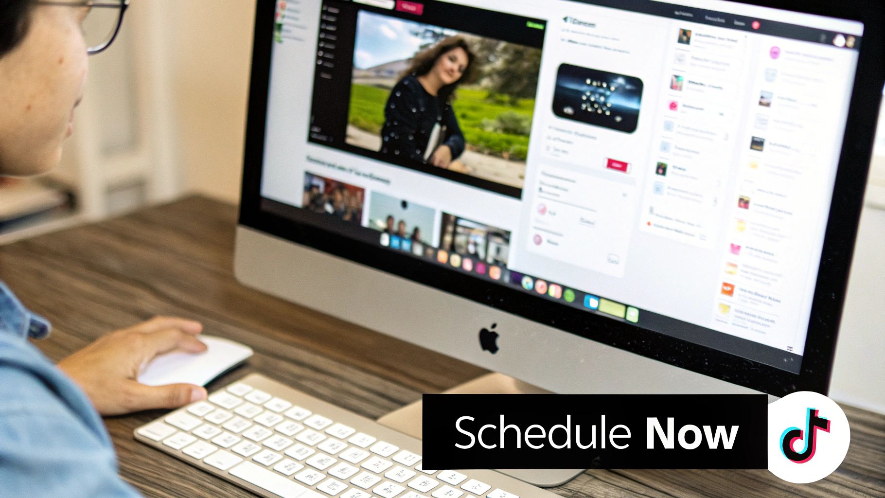 A person uses an Apple iMac computer to view social media content. "Schedule Now" and the TikTok logo are overlaid.