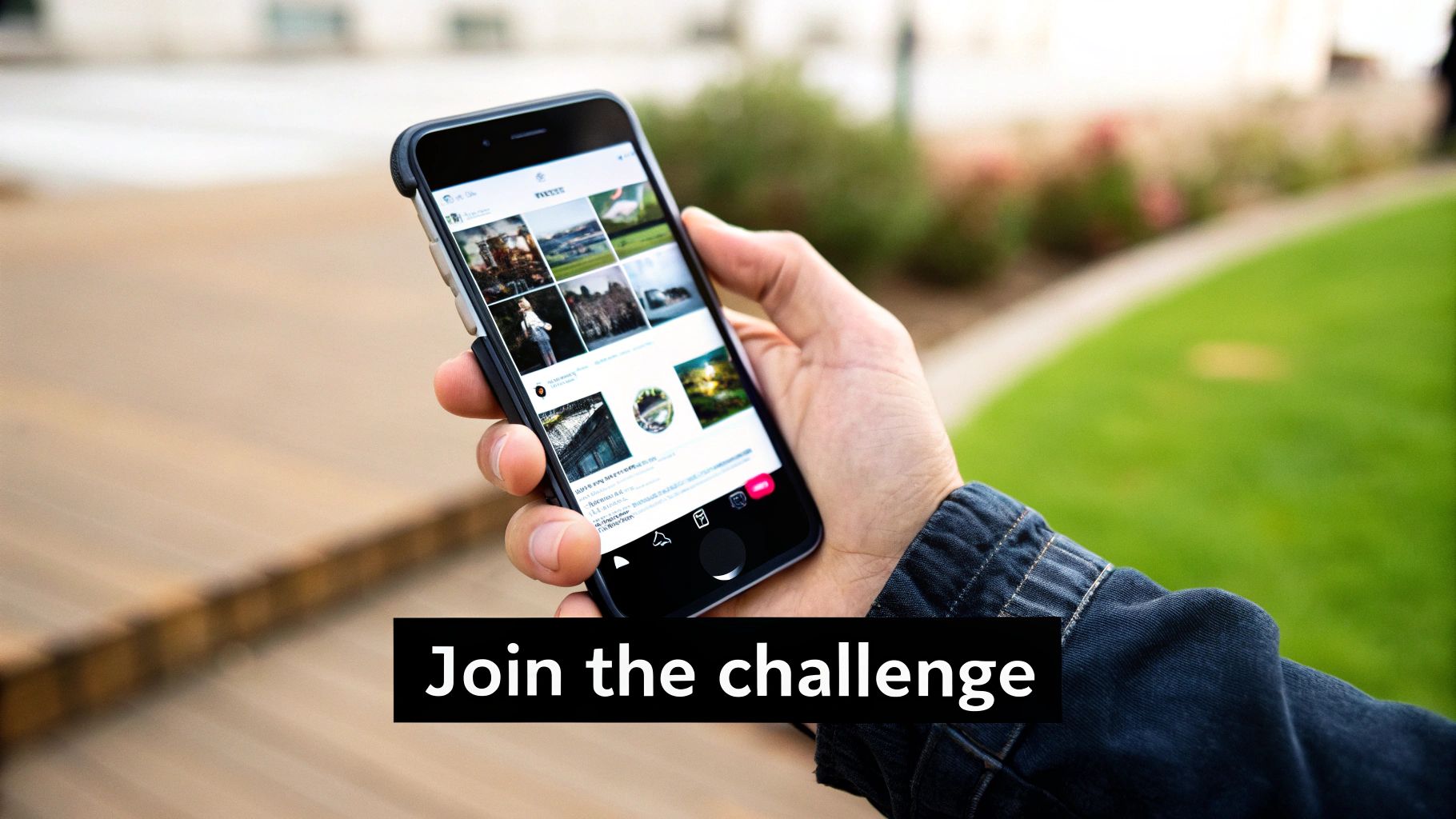 A hand holds a smartphone displaying a social media app with various photo posts in an outdoor setting.