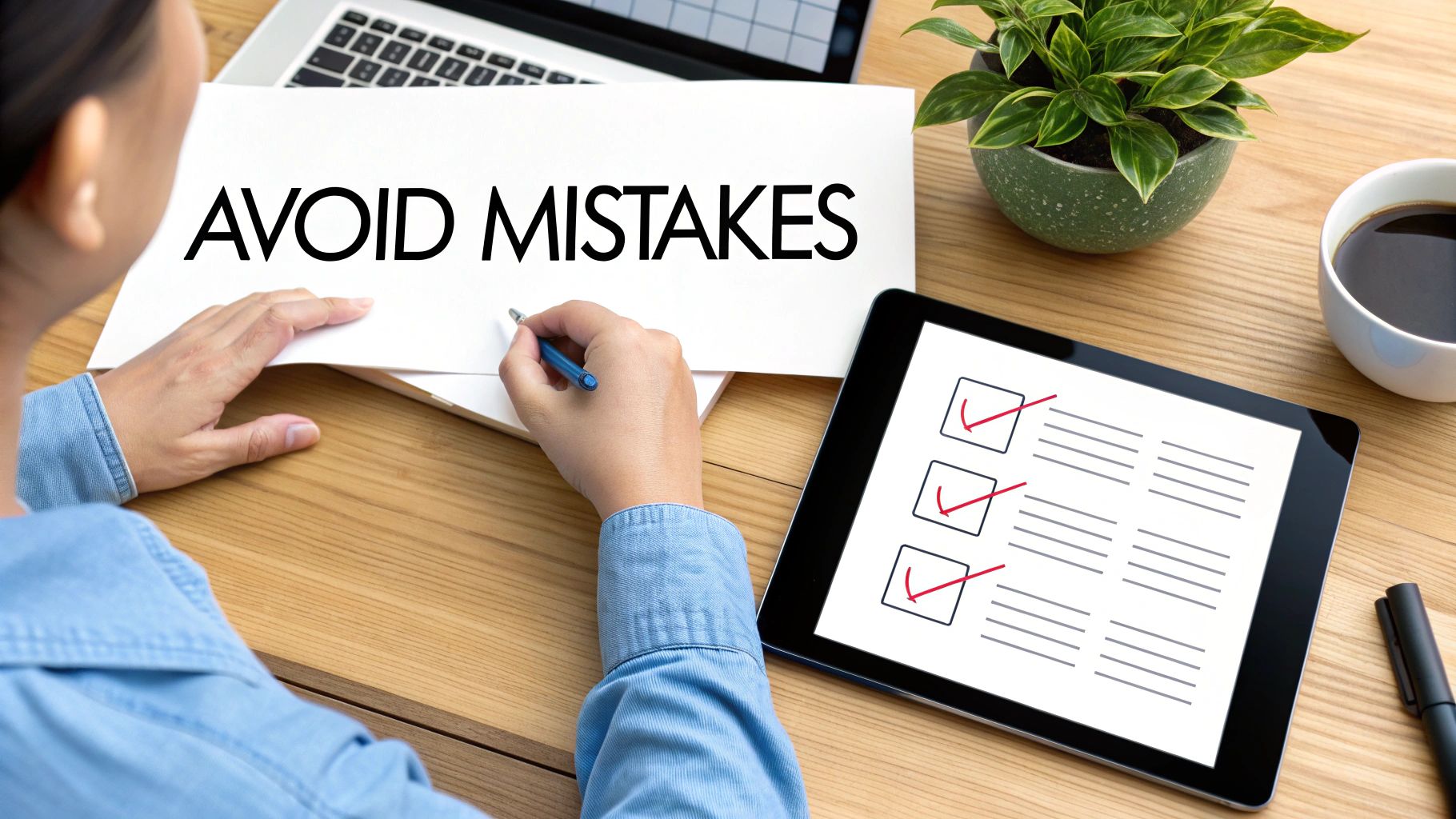 Person writing 'AVOID MISTAKES' on paper, with a digital checklist on a tablet.