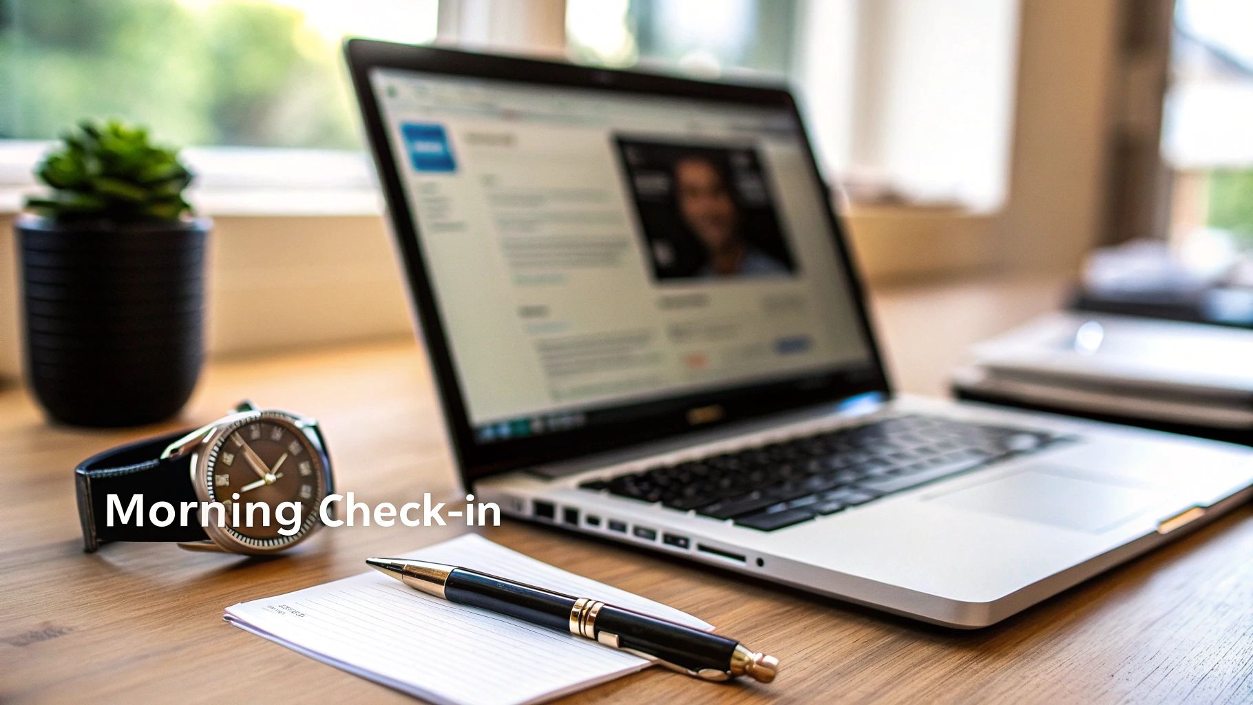 A desk with a laptop showing a video call, a watch, pen, and plant, with text 'Morning Check-in'.
