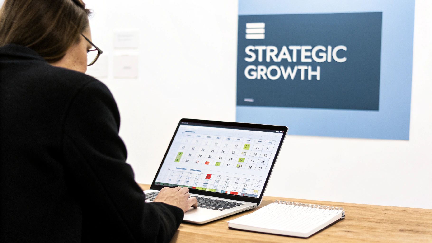 Woman planning social media strategy on a laptop