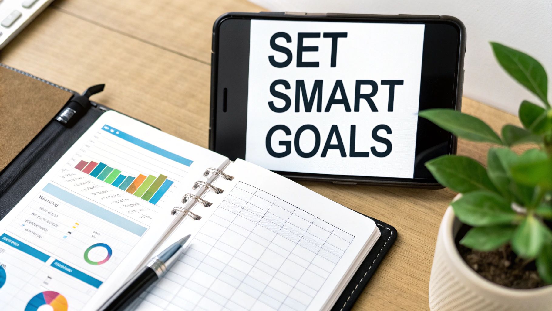 A smartphone displaying 'SET SMART GOALS' on a wooden desk next to a planner with charts, a pen, and a plant.