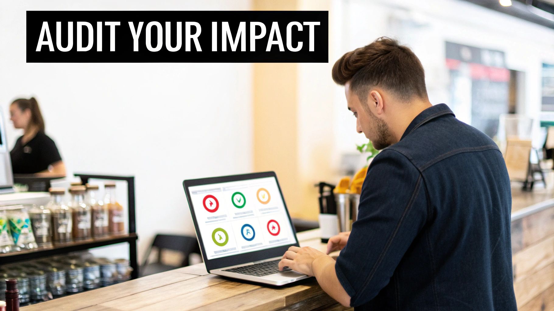 Man auditing social media impact on a laptop at a counter with a dashboard.