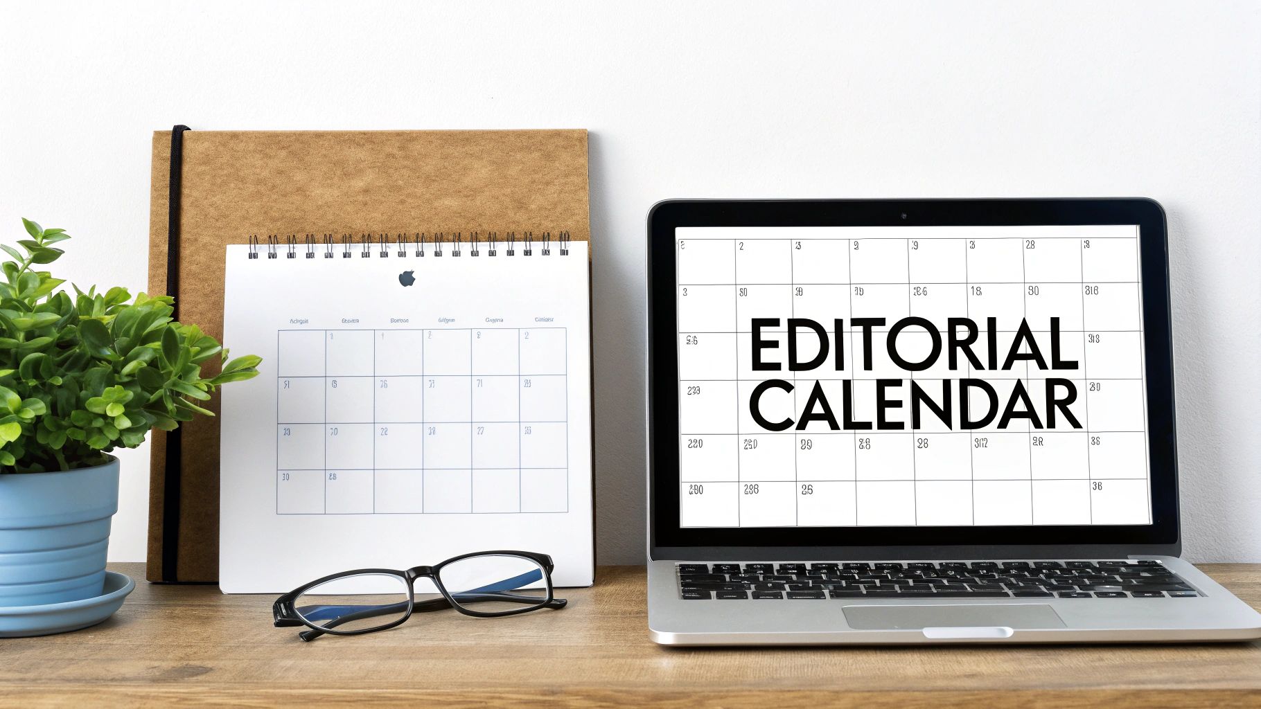 A laptop with an editorial calendar, a physical planner, glasses, and a plant on a wooden desk.