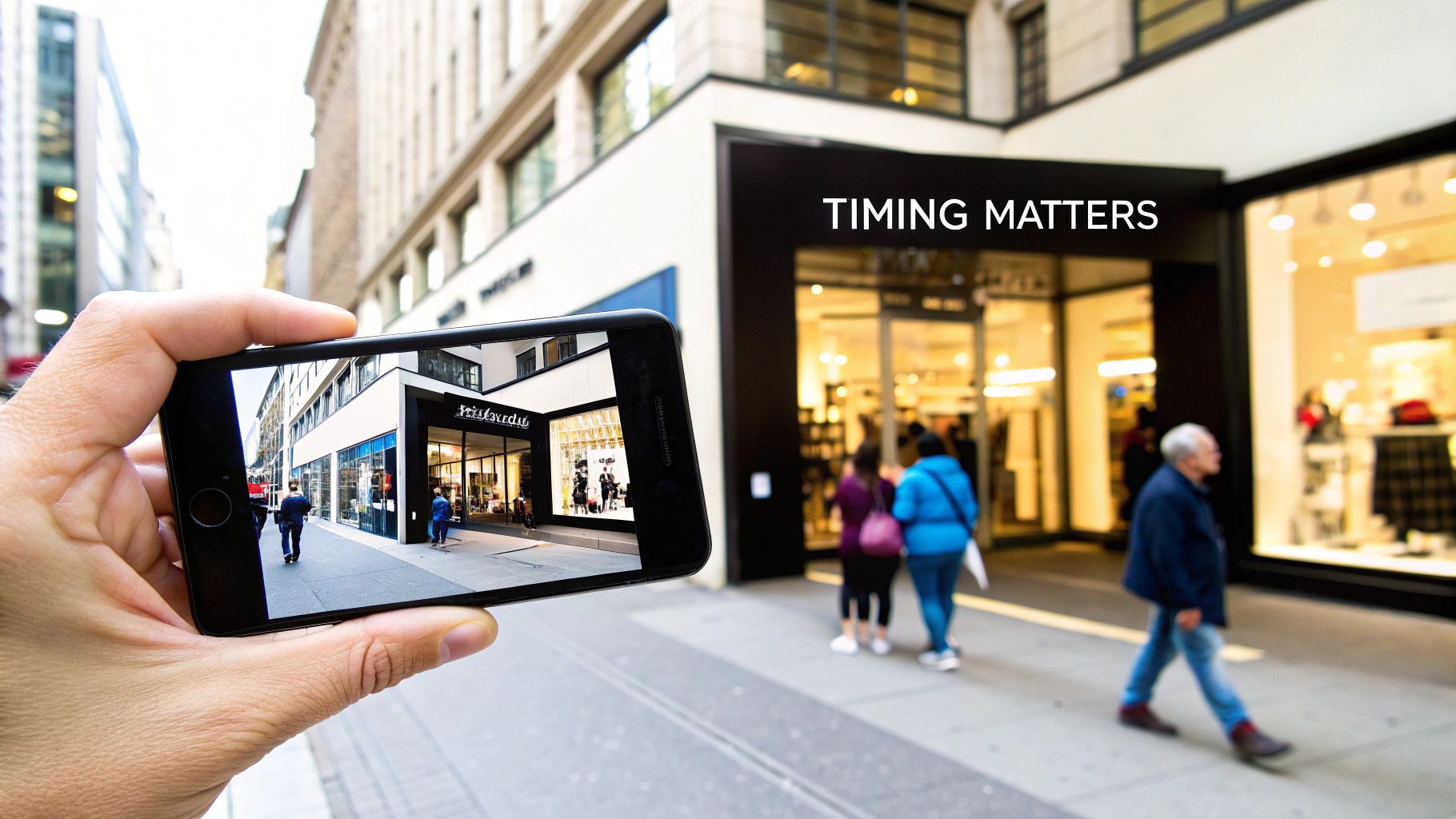 Person on phone checking Instagram feed with city background