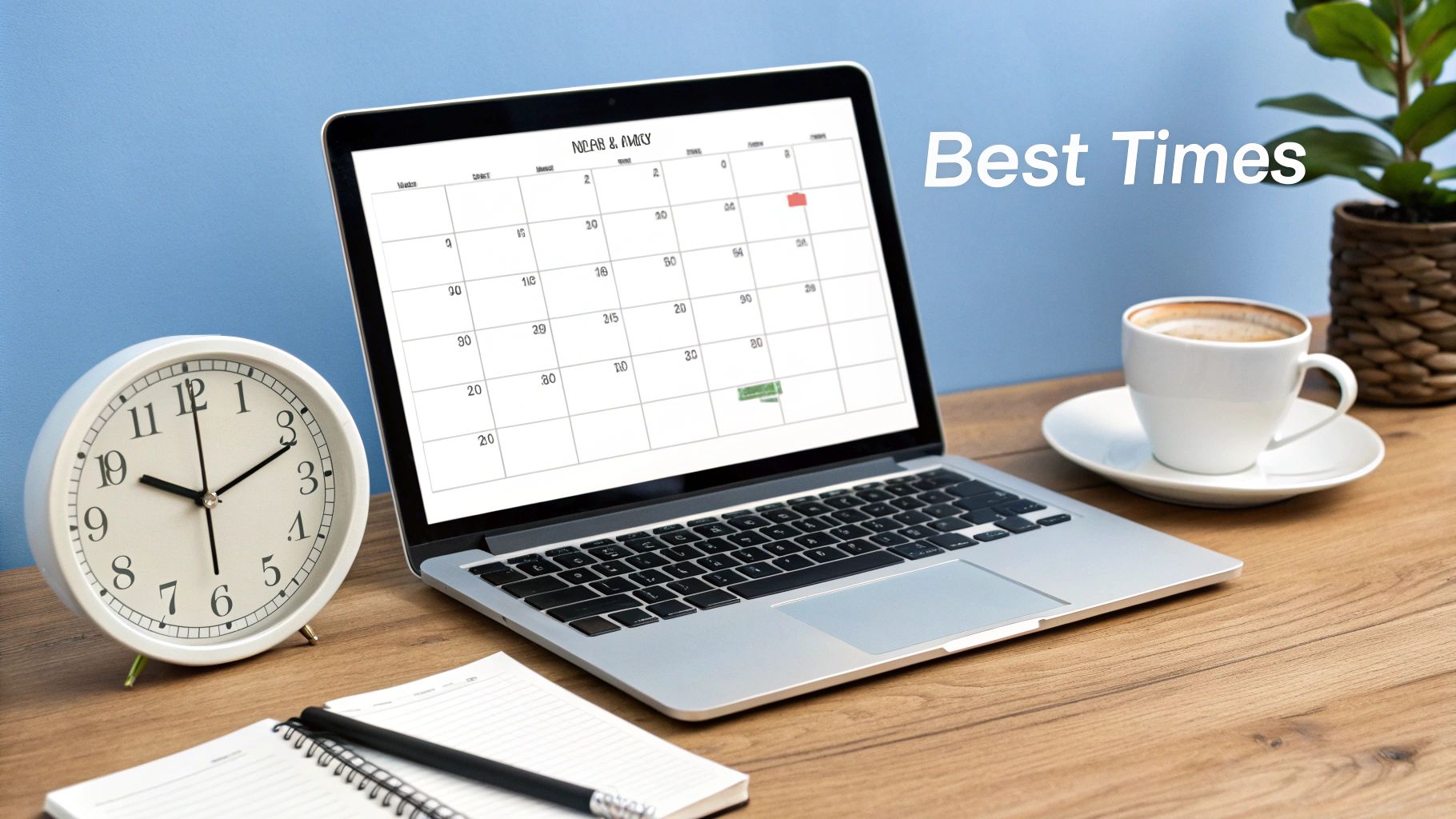 A cozy workspace with a laptop displaying a calendar, a clock, coffee, and a notepad.