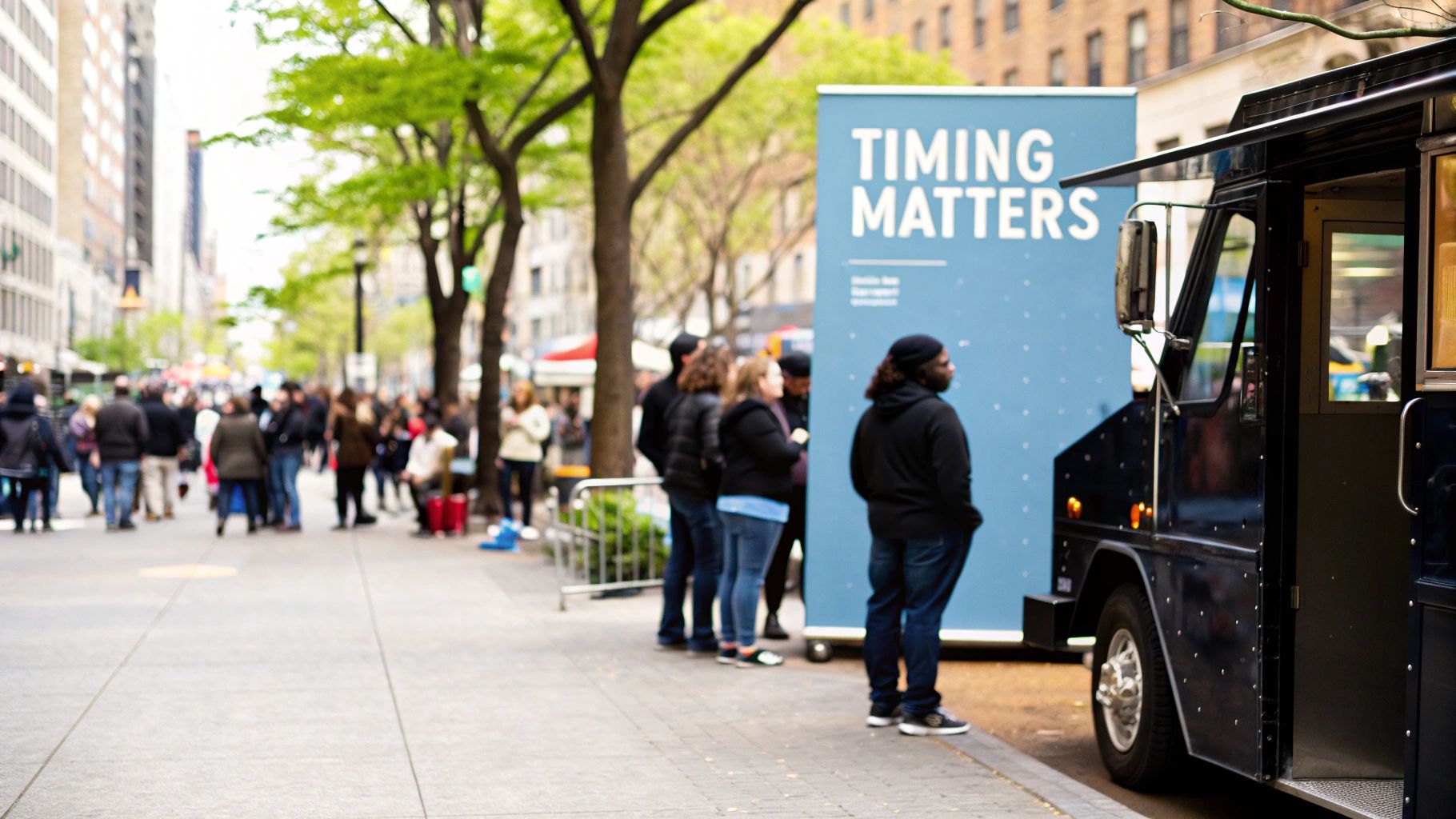 People queuing for a food truck on a bustling city street with a "Timing Matters" banner.