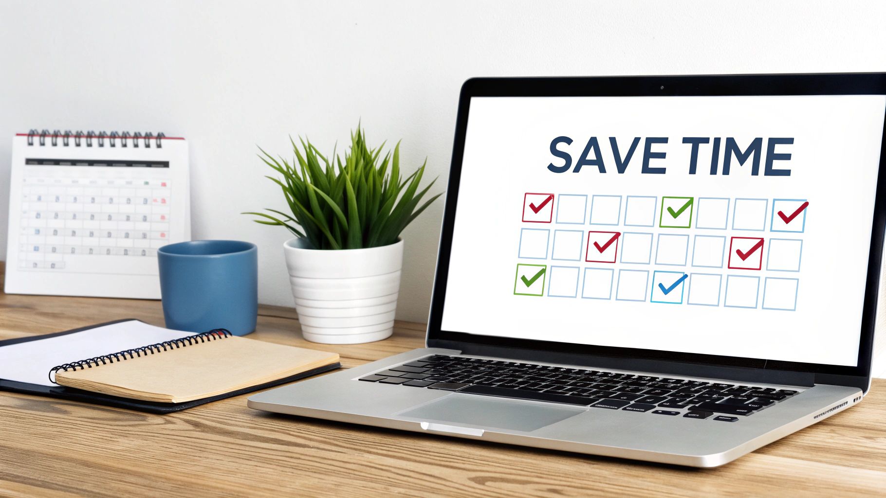 Laptop displaying 'SAVE TIME' with a calendar grid and checkboxes on an organized office desk.