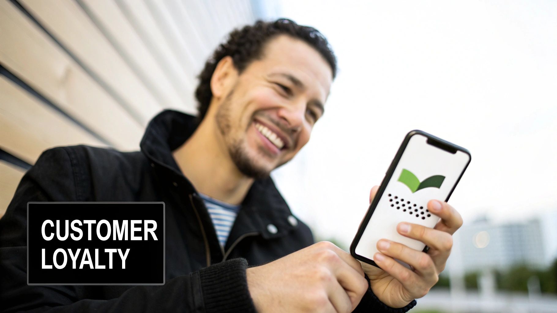 A smiling man holds a smartphone displaying a customer loyalty app, looking engaged.