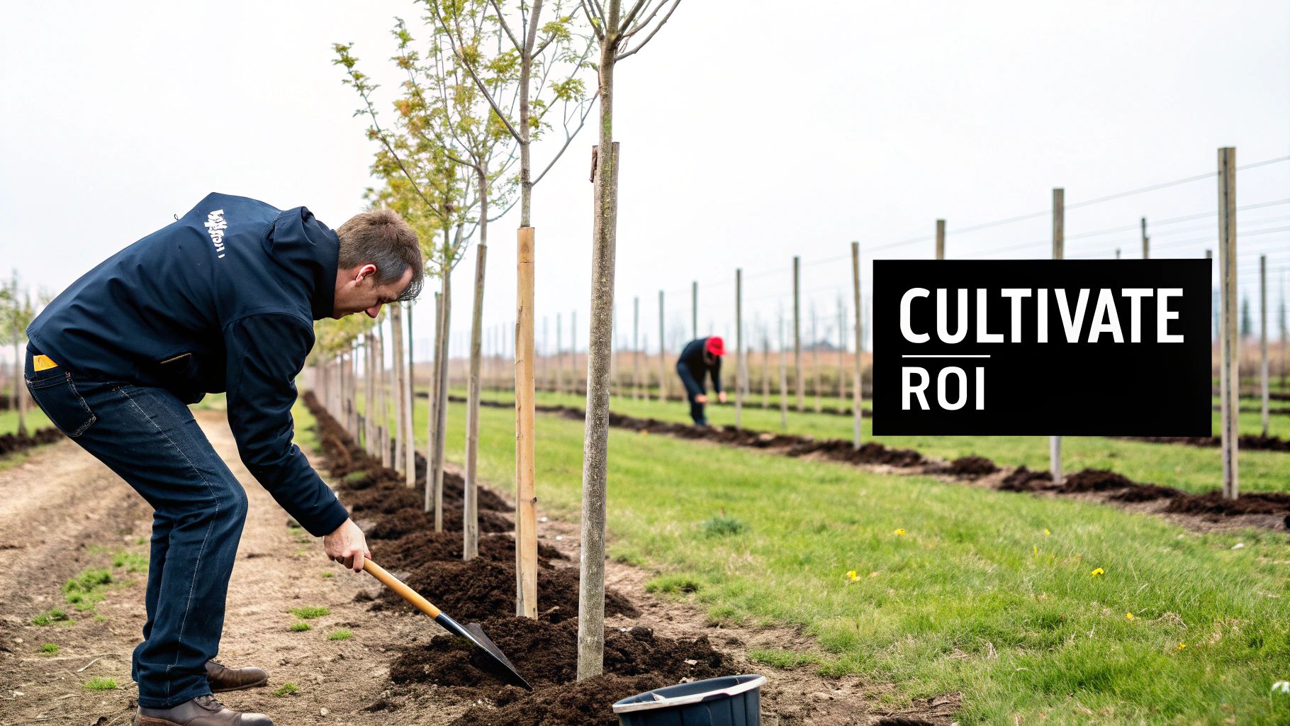 Man planting trees in a field, cultivating soil, with an overlaid text 'CULTIVATE ROI'.