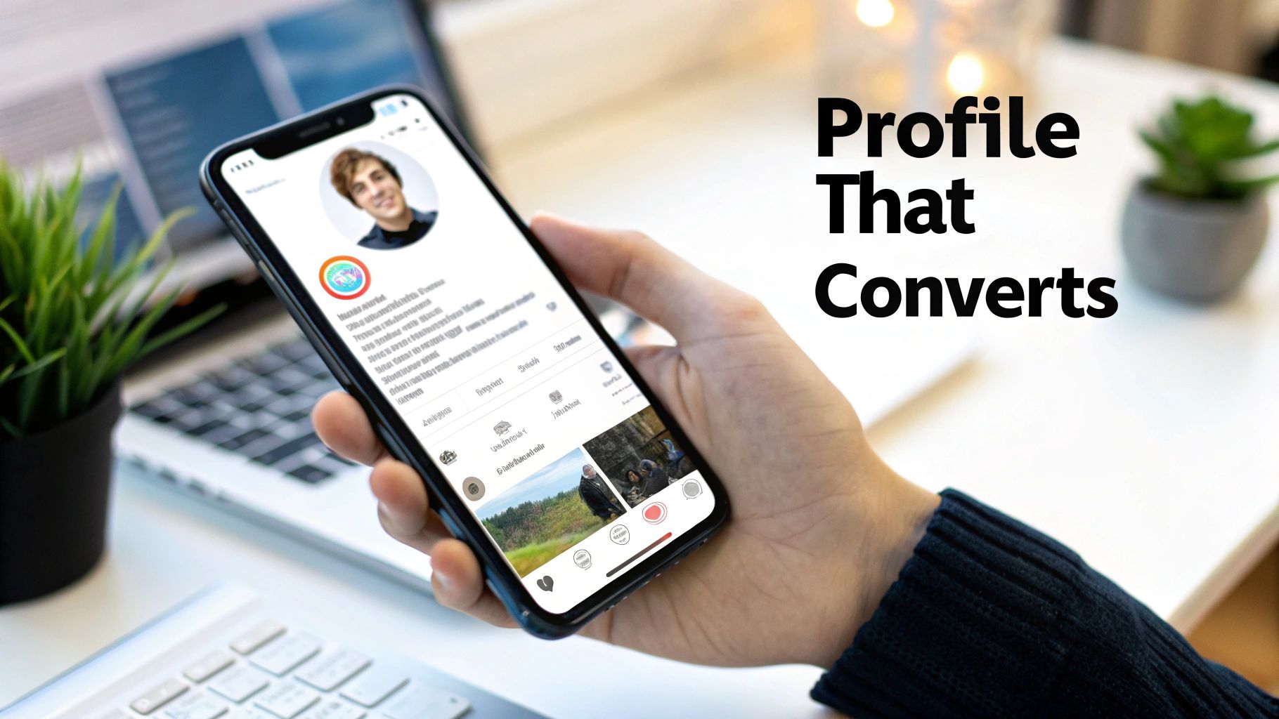 A person holds a smartphone displaying a social media profile, with the text 'Profile That Converts'.