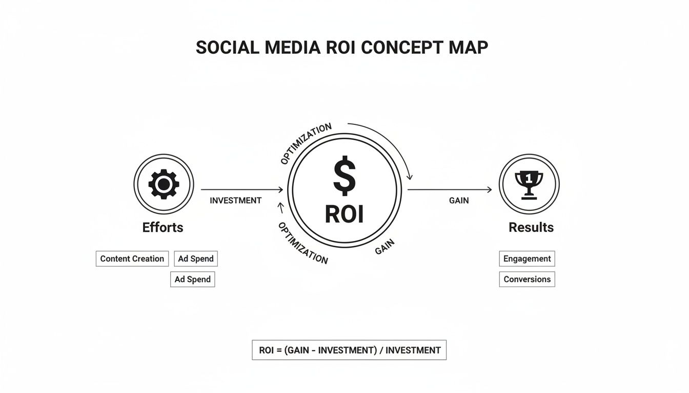 Social media ROI concept map illustrating efforts, investment, optimization, gain, and results with the ROI formula.