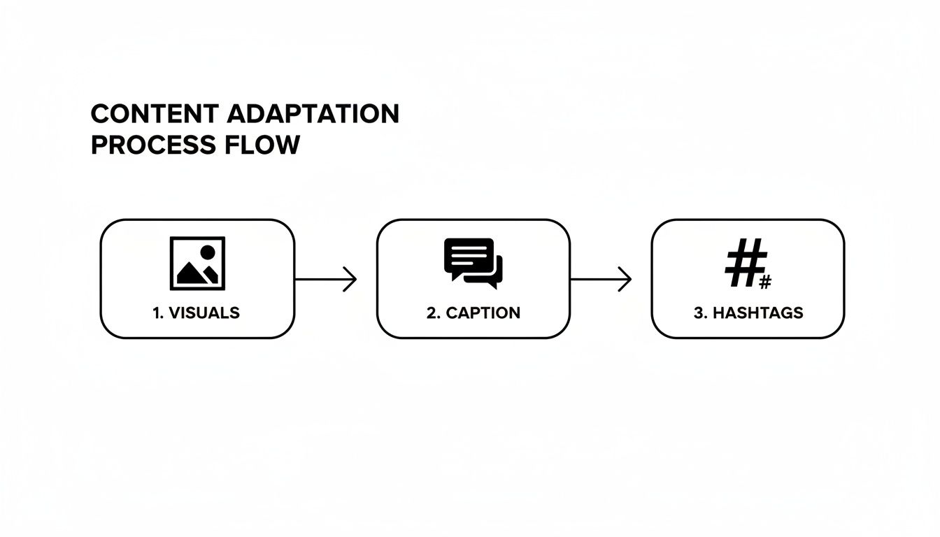 A content adaptation process flow diagram showing three sequential steps: 1. Visuals, 2. Caption, and 3. Hashtags.