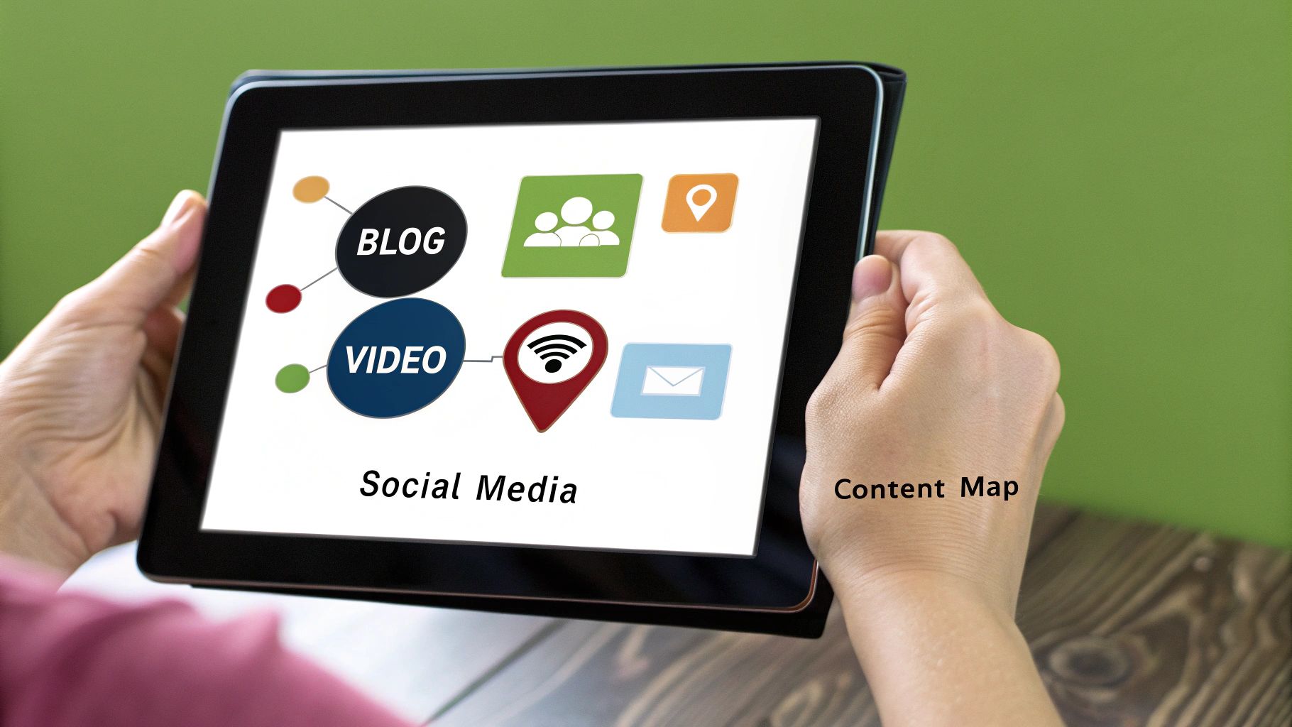 A person brainstorming content formats like blogs, videos, and podcasts on a whiteboard.