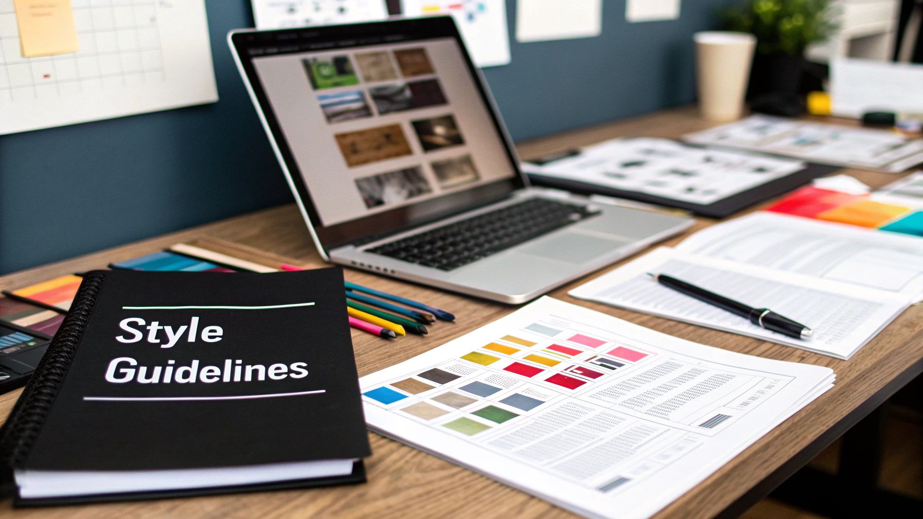 An image illustrating the concept of a content style guide, showing a book or document with icons for writing, design, and branding rules.