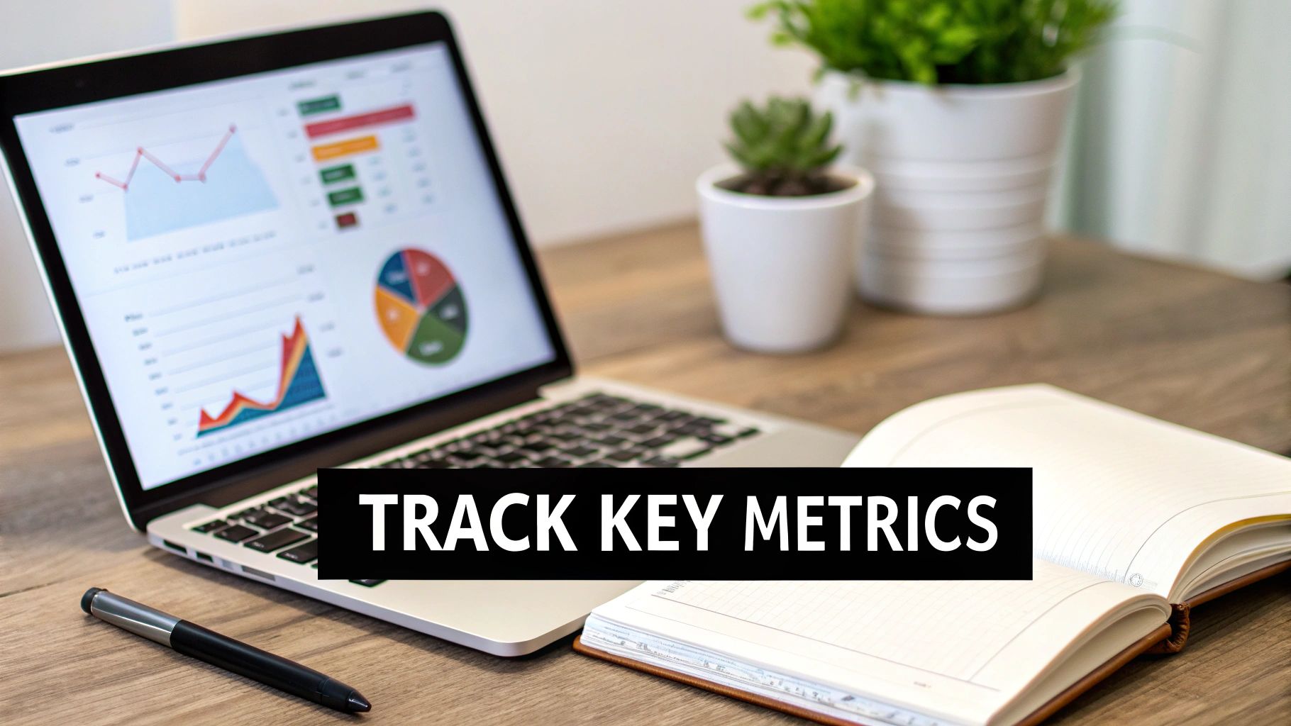 A laptop displaying data analytics charts and graphs, next to a notebook, with text 'TRACK KEY METRICS'.