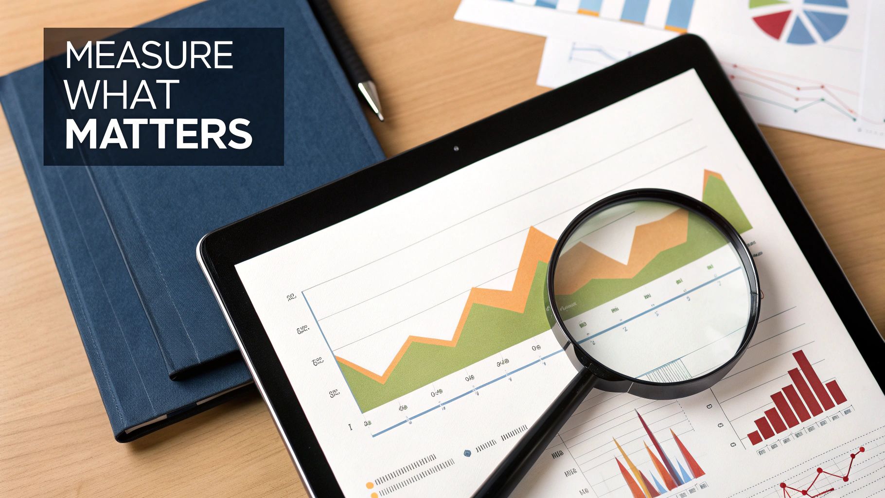 A tablet displaying business growth charts with a magnifying glass, next to a notebook with "MEASURE WHAT MATTERS".
