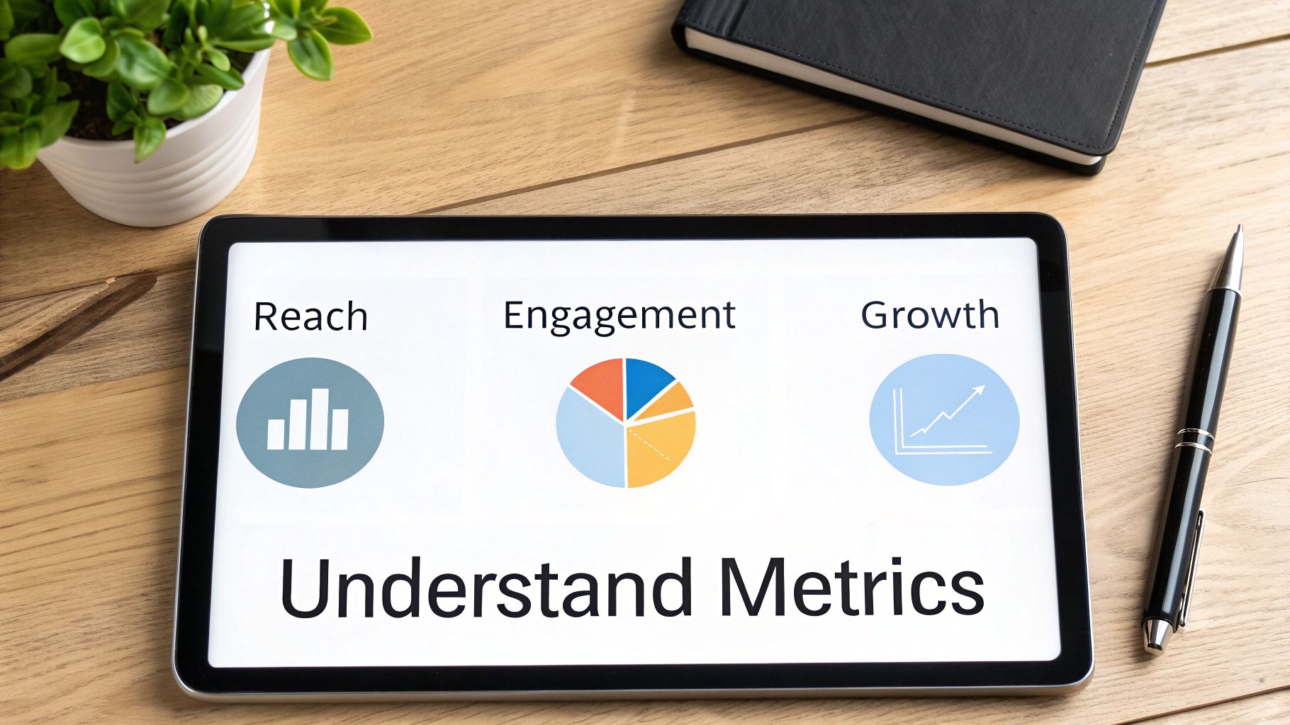 A tablet displays 'Understand Metrics' with icons for Reach, Engagement, and Growth on a desk.