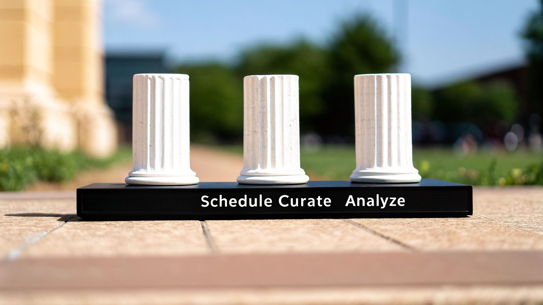 Three white miniature columns on a black base with "Schedule Curate Analyze" text, outdoors.