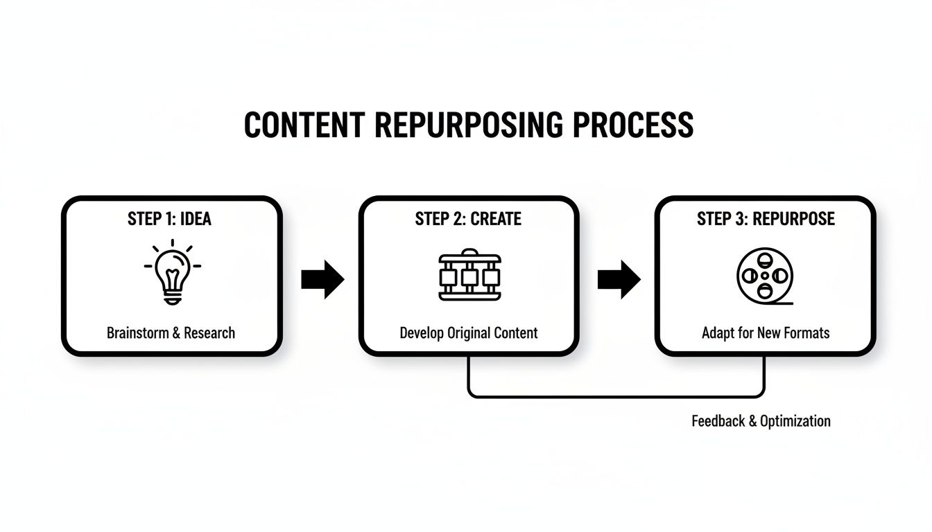 Flowchart illustrating the content repurposing process: Idea, Create, Repurpose, with feedback and optimization.