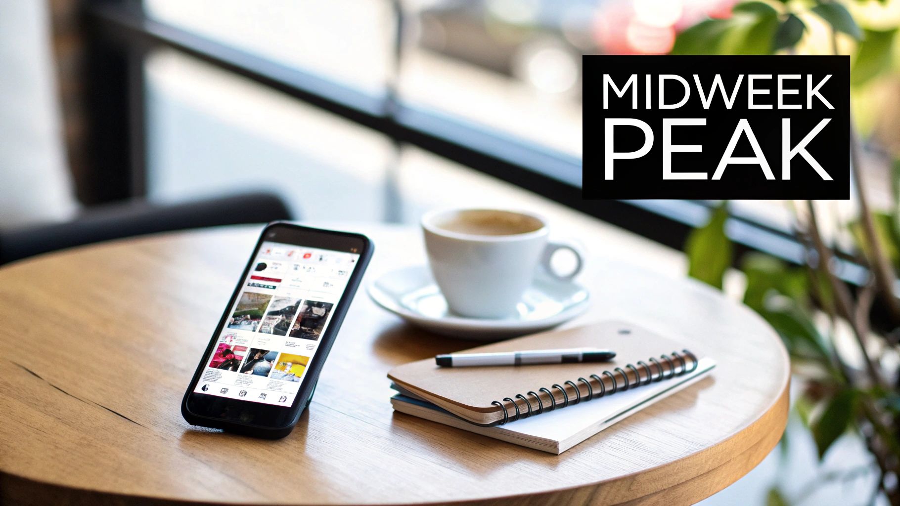 A smartphone displaying a social media feed, coffee, and notebooks on a cafe table.
