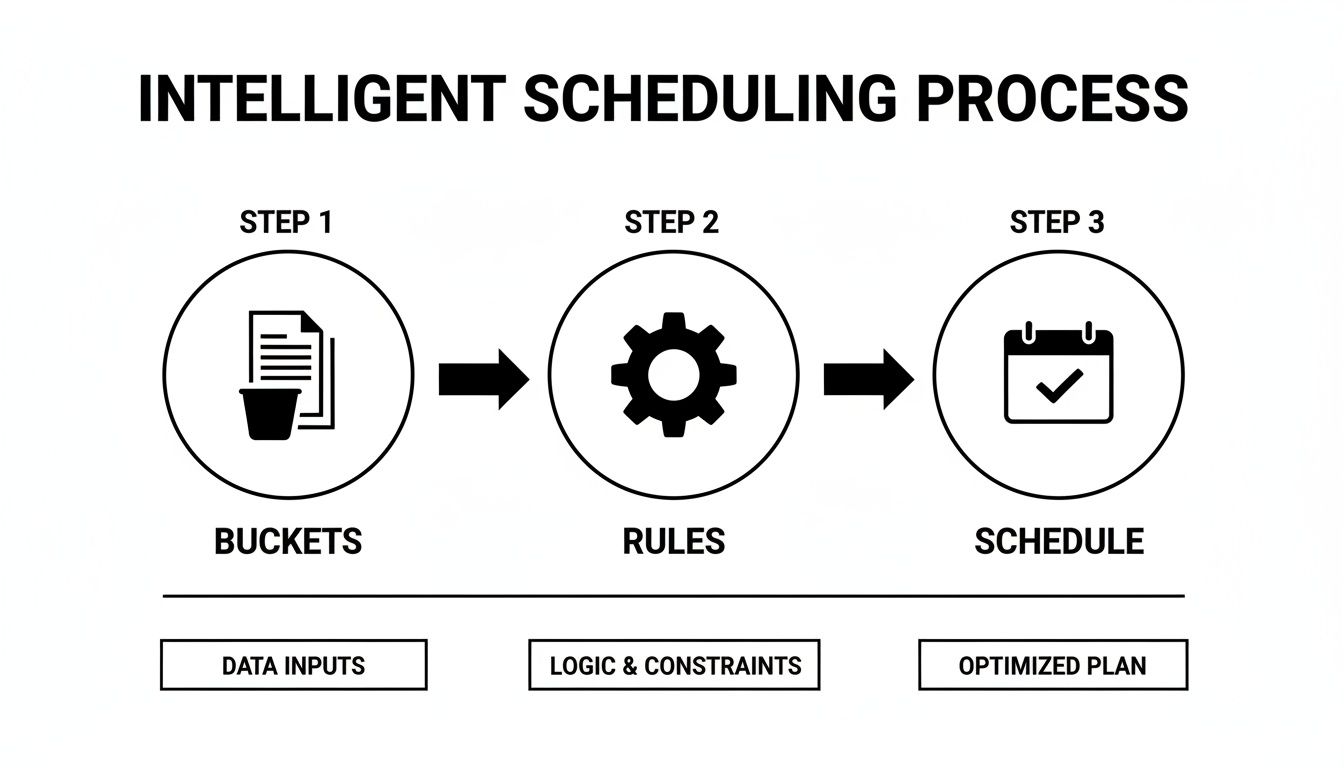 Diagram illustrating an intelligent scheduling process: data inputs, rules, and an optimized schedule.