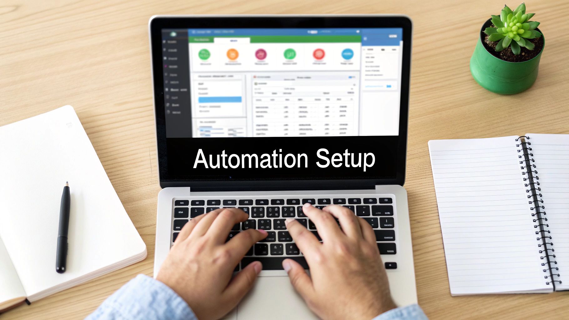 Hands typing on a laptop displaying 'Automation Setup' on screen, alongside notebooks and a plant on a wooden desk.