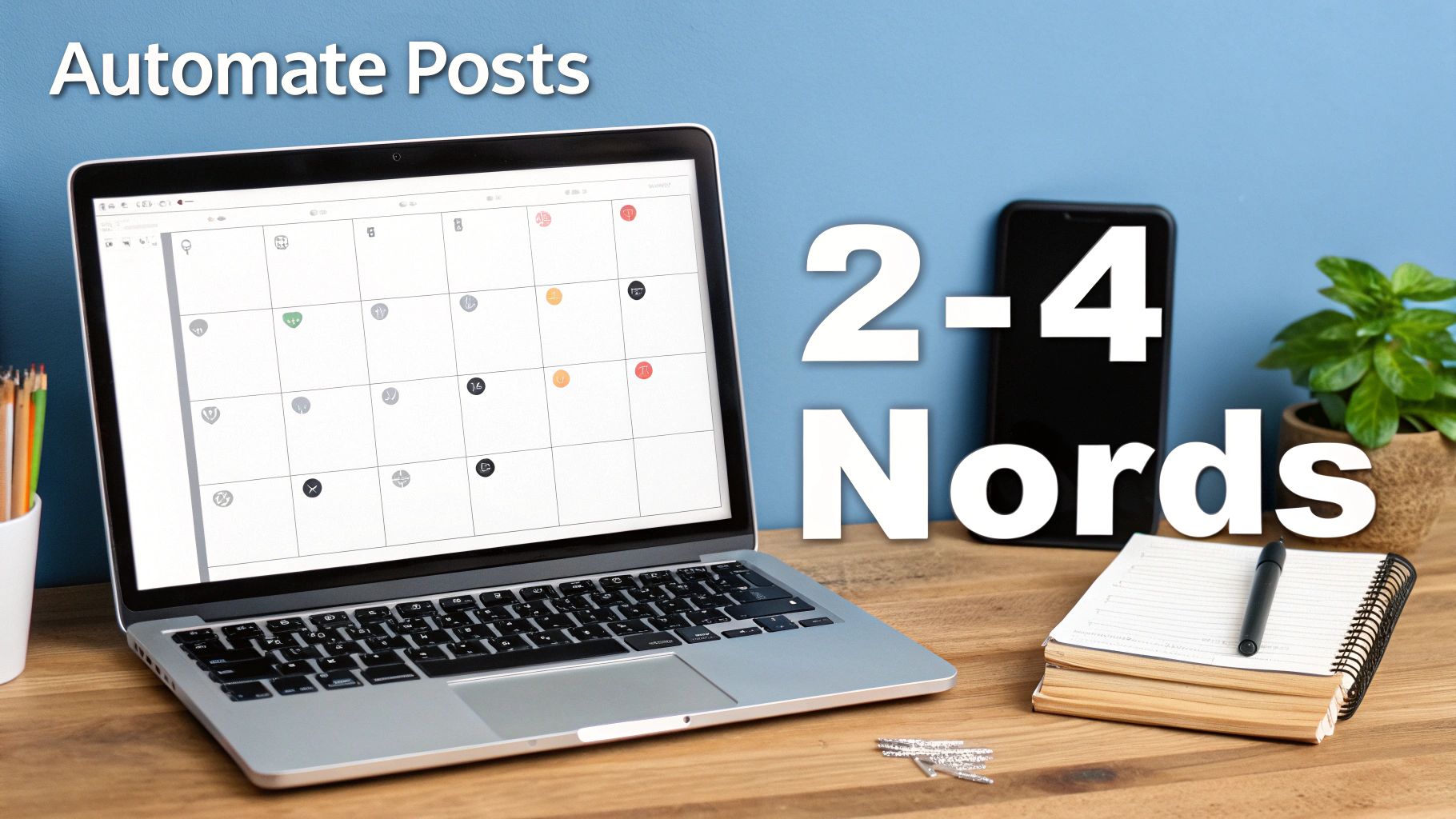 A laptop displays a calendar for automating social media posts, alongside a smartphone, plant, and notebook on a desk.