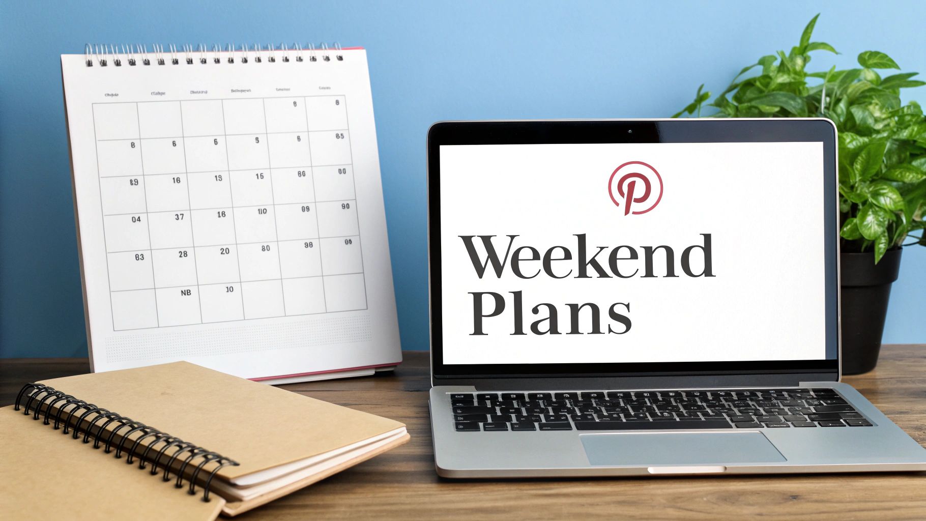 A laptop displaying Pinterest 'Weekend Plans' next to a calendar, notebook, and a green plant on a wooden desk.