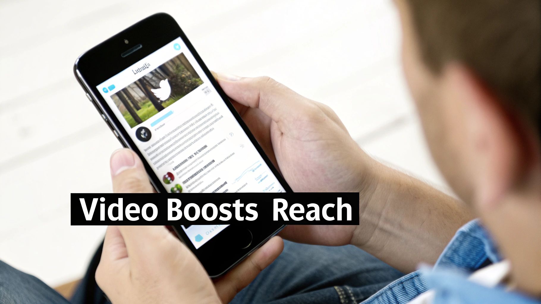 A person holds a smartphone displaying a social media feed, with text 'Video Boosts Reach' overlaid.