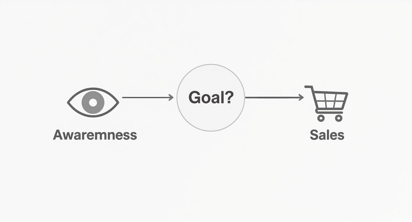 Flowchart showing awareness (eye icon) leading to 'Goal?' then to sales (shopping cart icon).
