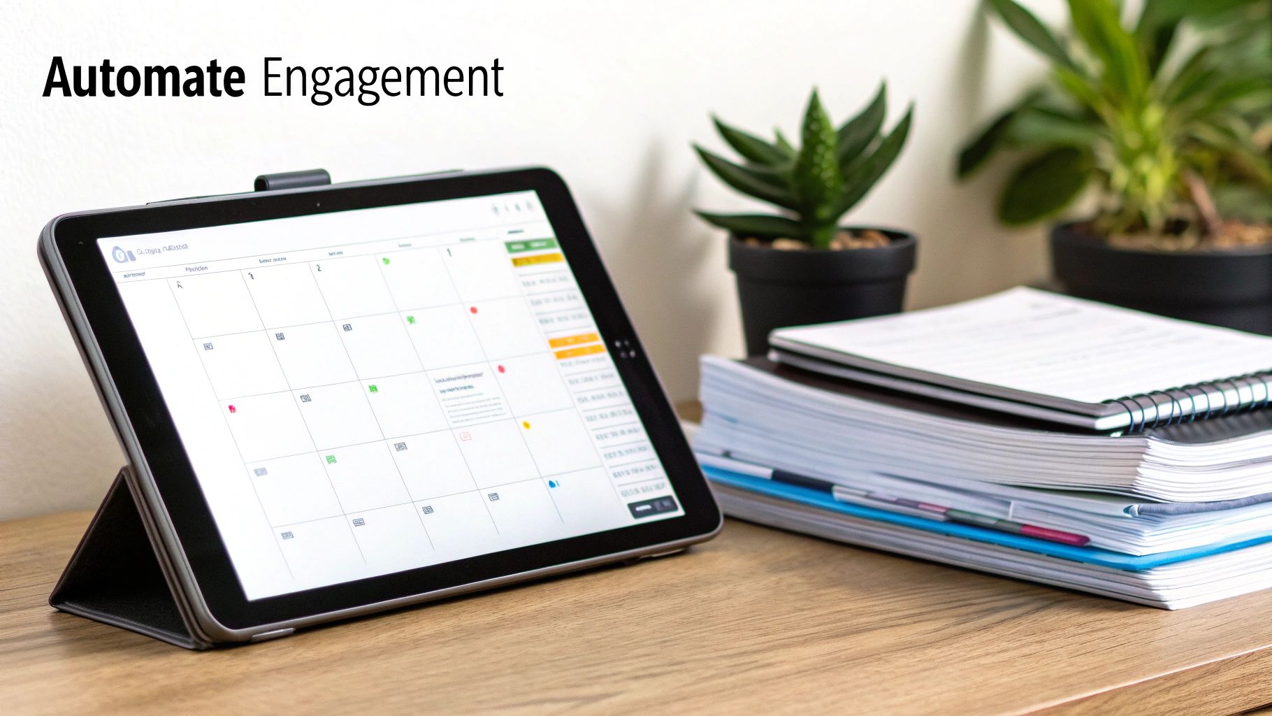 A tablet displays a calendar application for automating engagement, next to notebooks and plants on a wooden desk.