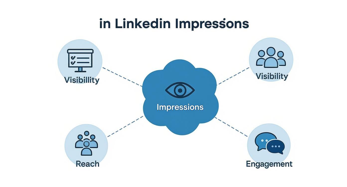 Diagram illustrating LinkedIn Impressions as a central concept linked to Visibility, Reach, and Engagement.