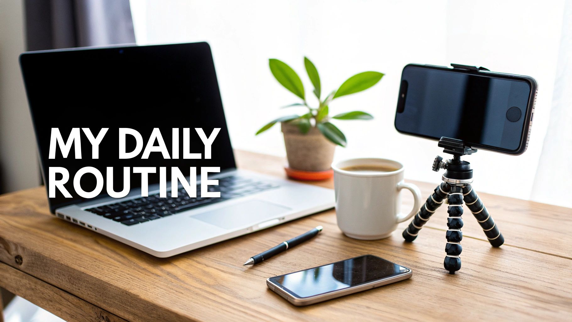 A modern desk setup with a laptop displaying 'MY DAILY ROUTINE', a phone on a tripod, and a coffee mug.