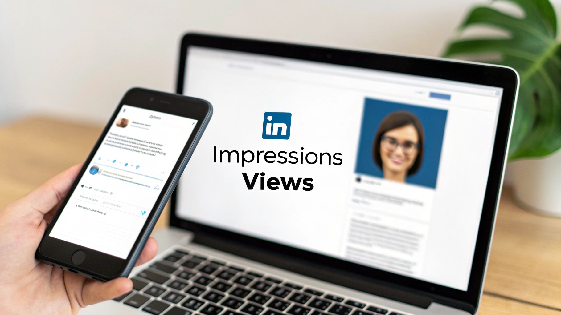 A person holds a smartphone near a laptop displaying LinkedIn's 'Impressions Views' metrics and profile.