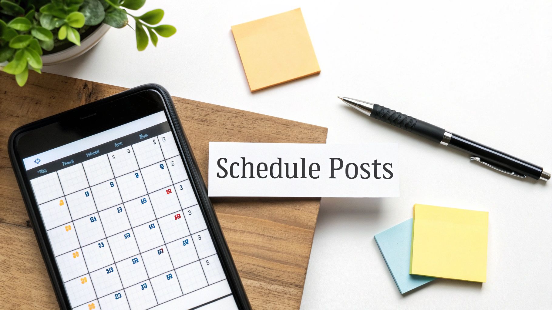 Smartphone displaying calendar app with Schedule Posts text, pen, and sticky notes on wooden desk