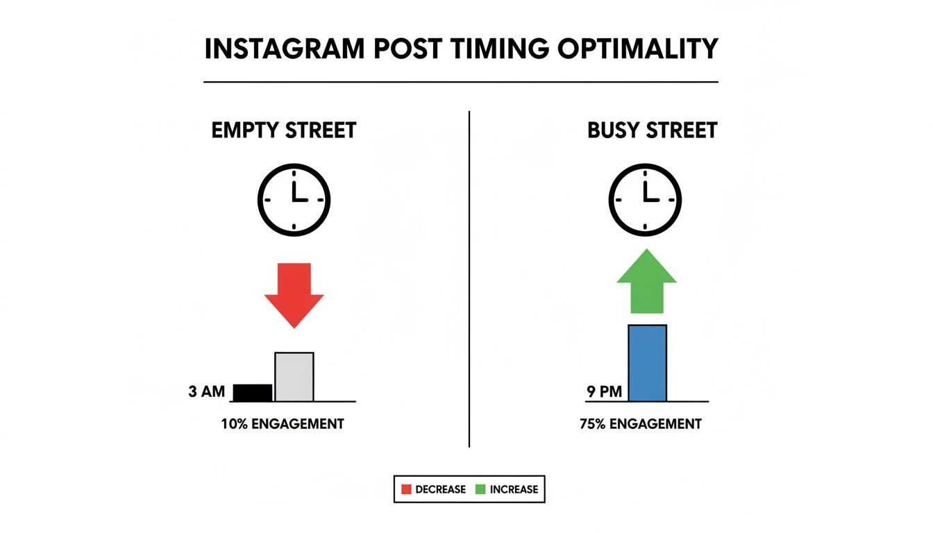 Infographic illustrating Instagram post timing optimality with examples for low and high engagement.