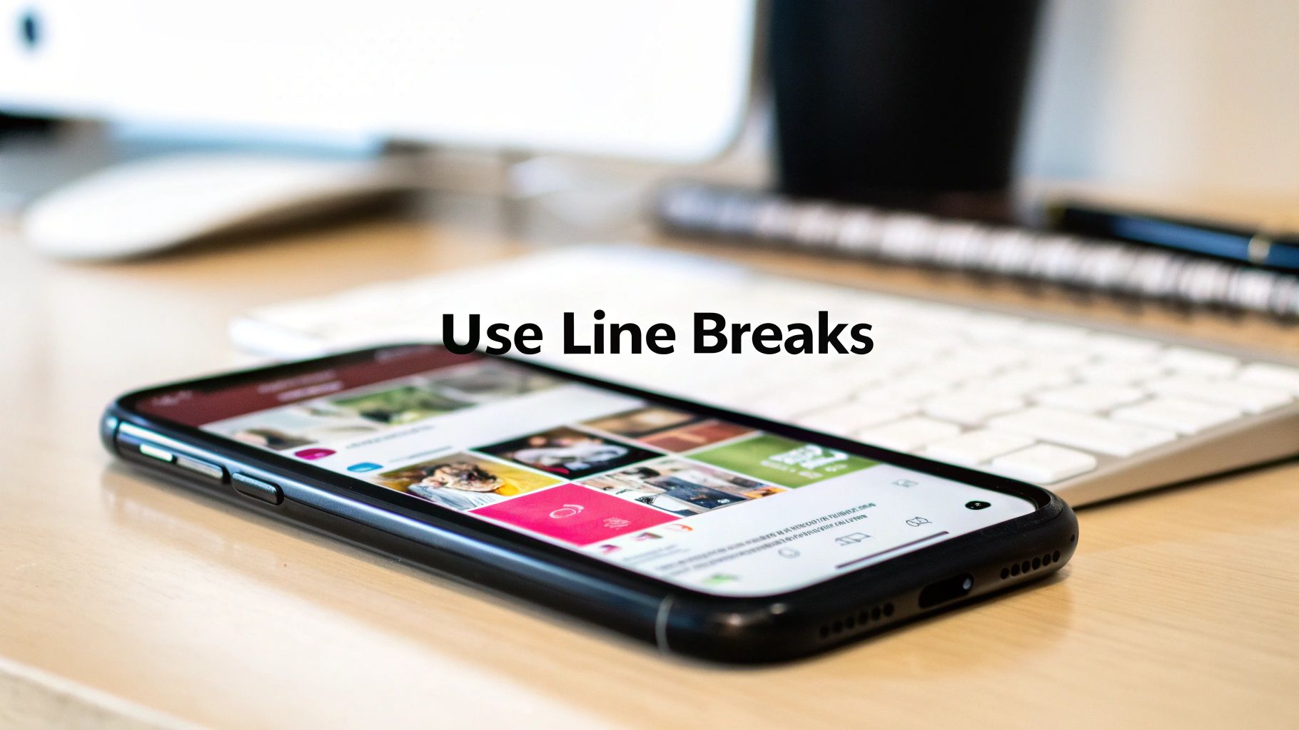 A smartphone displaying an image feed on a wooden desk next to a keyboard. Text reads 'Use Line Breaks'.