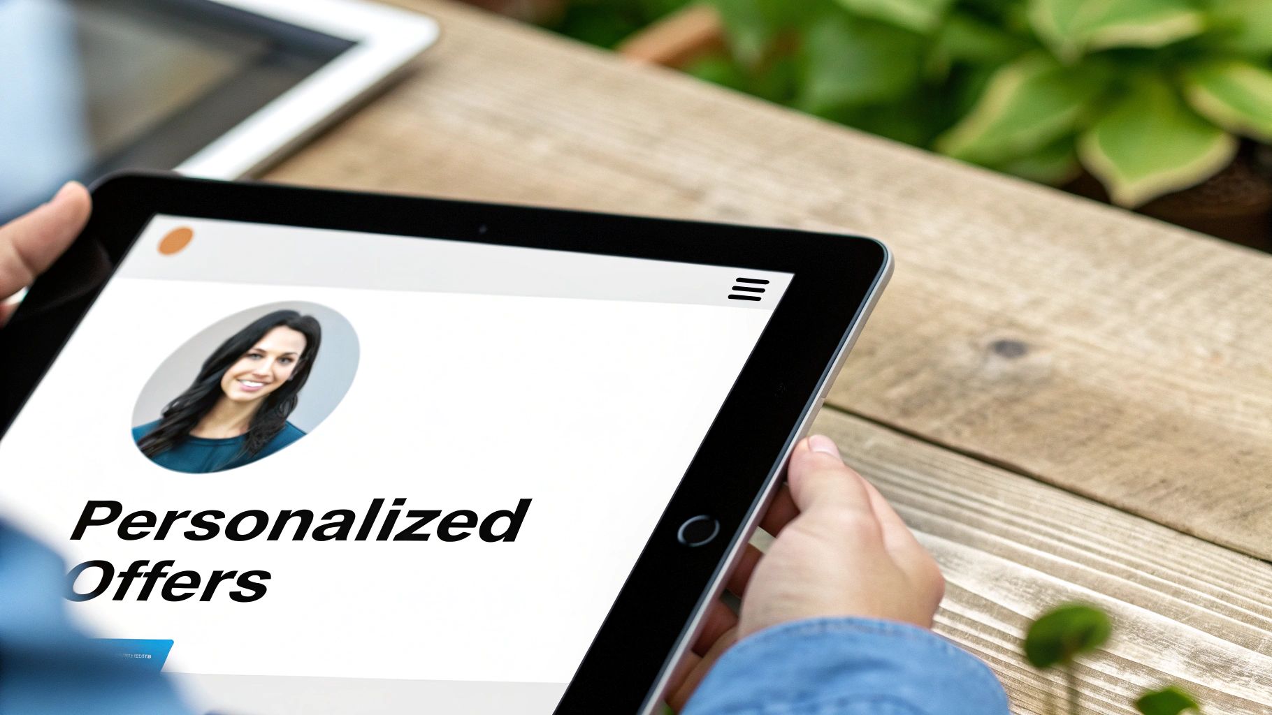 Close-up of hands holding a tablet displaying "Personalized Offers" with a profile image on a wooden table.