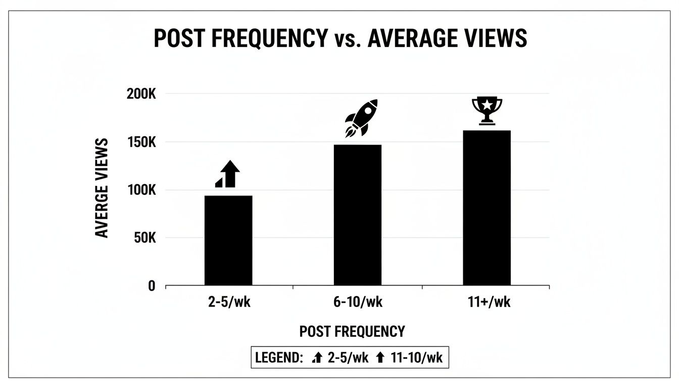 Bar chart showing post frequency vs. average views, indicating higher views with increased posting frequency.