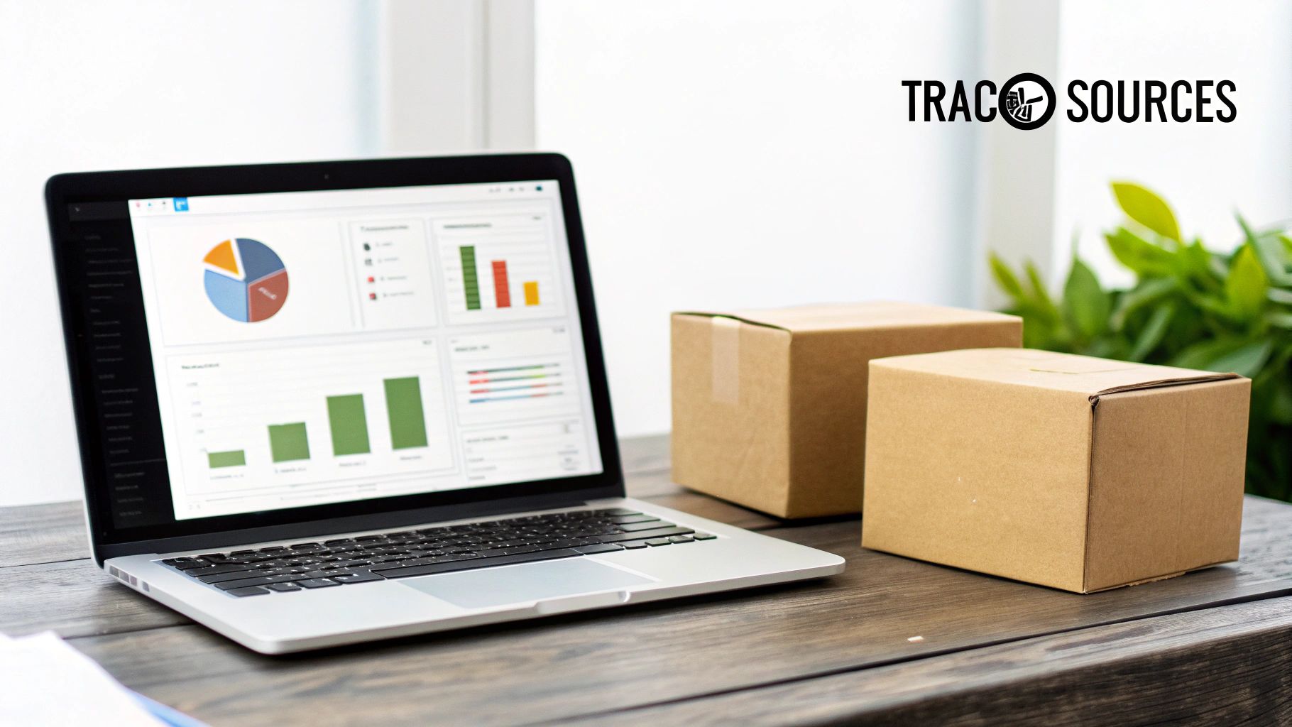 A person working on a laptop with analytics charts and graphs displayed on the screen